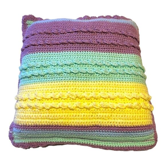 Crocheted Pillow 1970s Pastel Purple Yellow Striped Handcrafted Vintage Retro - Picture 1 of 4